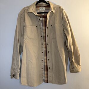 L.L.Bean Mens XL Work Shirt Snap Button Up Flannel Lined Tan Canvas Shirt Jacket